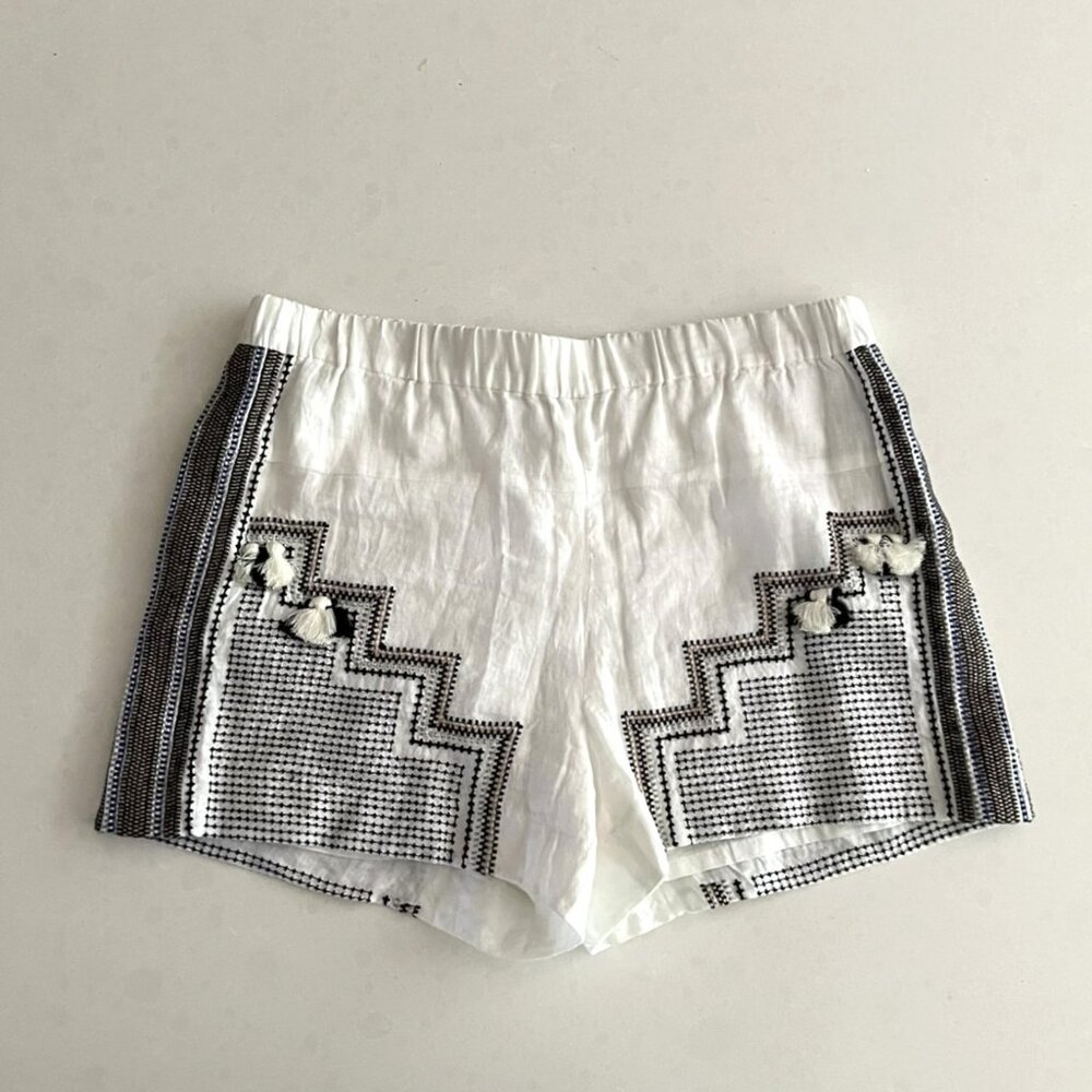 J Crew White Linen Embroidered Shorts with tassels